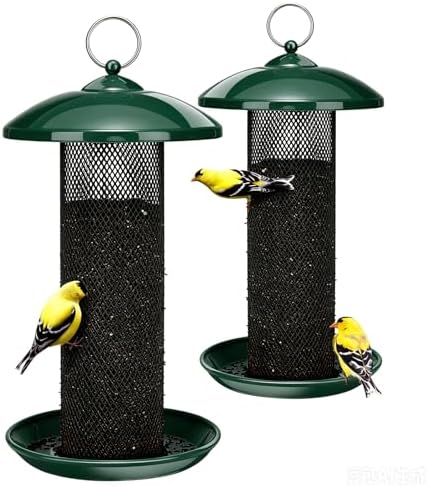 Kingsyard 2 Pack Finch Feeders for Outdoors Hanging, Metal Mesh Tube Bird Feeder for Nyjer/Thistle Seed, 2.5 lbs Large Capacity (Dark Green)