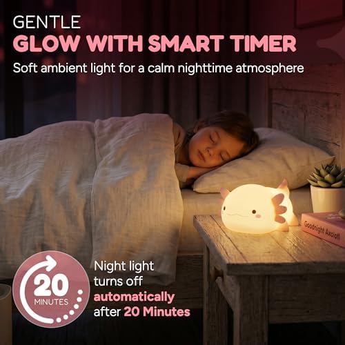 Squishy Axolotl Night Light, Soft Silicone Pink Axolotl Lamp for Kids with 20-Minute Timer, 2 Brightness Levels, Rechargeable LED Nightlight for Girls, Ages 3+