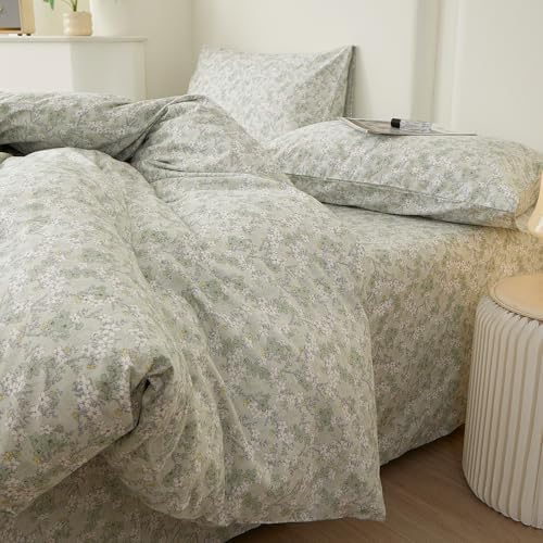 HighBuy Green Floral Duvet Cover Set King 100% Cotton Soft,Boho Chic Cottagecore White Floral Bedding Comforter Cover Set Vintage Decor Design -(1 Duvet Cover with 2 Pillow Shams)
