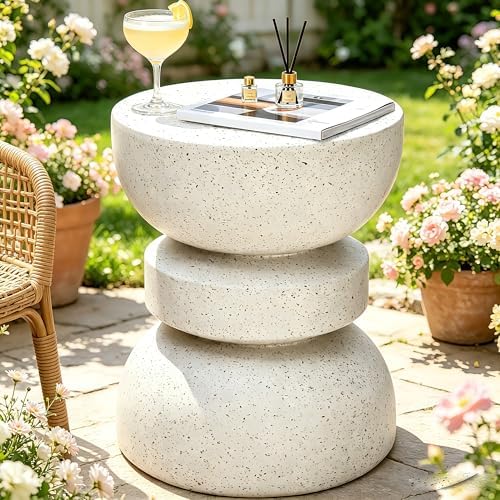 18" Outdoor Side Table, Modern Hourglass Garden Stool,Terrazzo-Look
