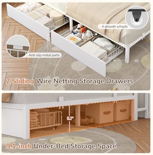 DICTAC Full Corner Bed Frame with 2 Storage Drawers and Bookcase Headboard,Full Size Metal Platform Bed Frame with Charging Station and Led Lights,Modern Full Daybed for Kids,Teen and Guests,White