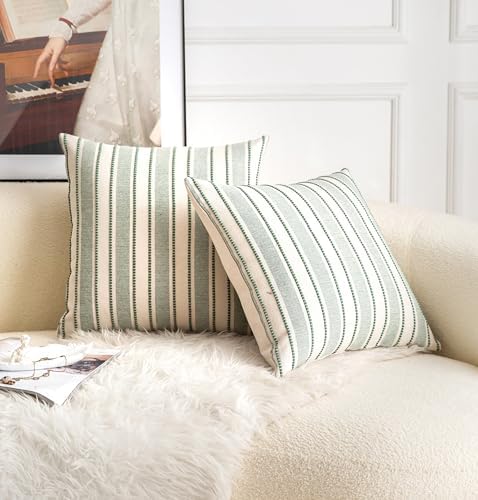 Cethom Decorative Boho Throw Pillow Covers, Farmhouse Textured Pillow Case, 22 x 22 Inch Set of 2, Chair Sofa Bedroom Living Room Home Decor Couch Cushion Case, Green and Beige Striped