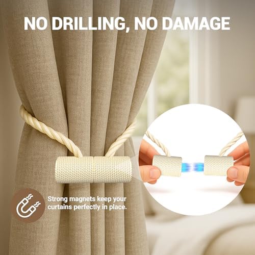 Hion Magnetic Curtain Tiebacks Beige 4pcs, Curtain Holdbacks Hooks Holders