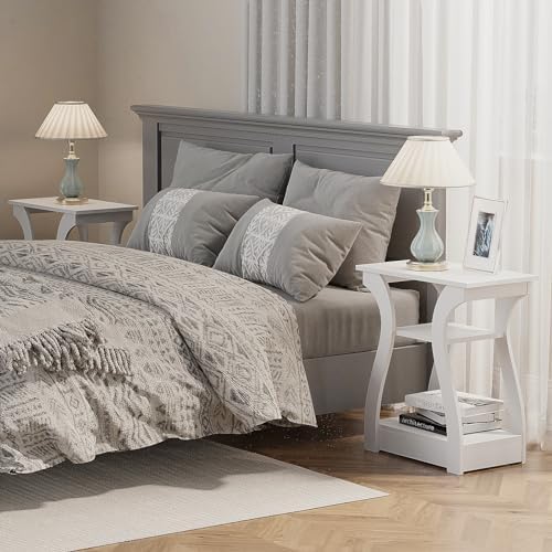 FROMJBEST End Tables Living Room, White End Table with Charging Station