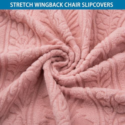 HZDHCLH Wingback Chair Slipcovers 2 Piece Stretch Spandex Chair Covers Washable Armchair Protector with Elastic Fit for Living Room Bedroom Pink Embossed Leaf Pattern