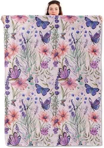 Butterfly Blanket Lightweight Blankets Gifts for Women Flannel Throw with Colorful Floral and Purple Butterflies Printed for Sofa, Bed, Travel, Camping, Office, Rustic Decor Throws 50x40 Inch