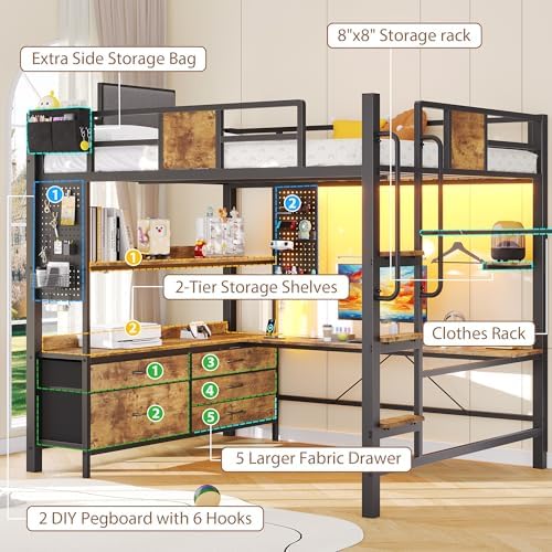 Full Loft Bed with Desk and 5 Storage Drawers, Rustic Brown