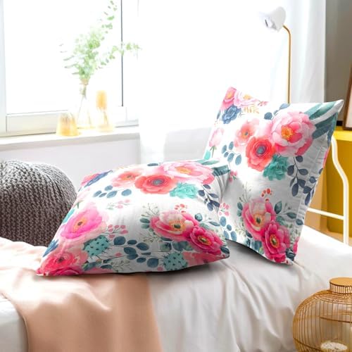Watercolor Peony Throw Pillow Covers 22x22 Inch Set of 2 Pink Floral Girly Green Leaves Decorative Pillow Case Spring Summer Flower Square Cotton Cushion Cover for Home Couch Bed