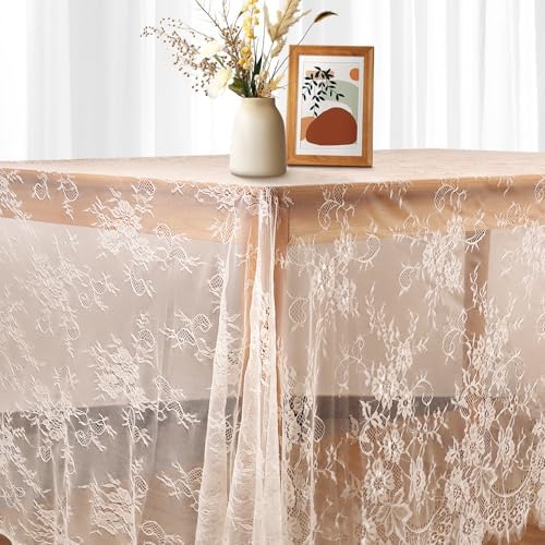 Fowecelt 3 Pcs Ivory Lace Tablecloth 60 X120 Inches Vintage Tablecloth Sheer Overlay Rectangle Floral Embroidered Lace Table Cloths for Rustic Boho Wedding Bridal Shower Party Reception Decoration