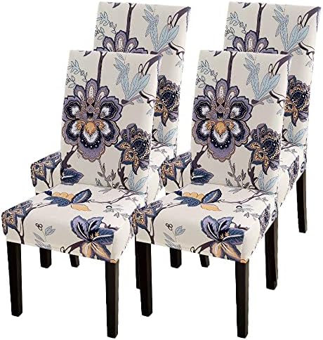 SearchI Dining Room Chair Covers Set of 4, Stretch Printed Floral Parsons Chair Slipcovers Spandex Removable Washable Kitchen Chair Protector Cover for Dining Room, Hotel, Ceremony (Beige+Flower)
