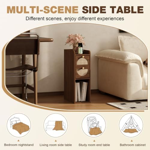 Narrow Nightstand Set of 2 (Rattan & Wood) - Small Bedside Table with 2 Drawers, Open Shelf, Mid Century Modern End Table - for Bedroom, Living Room & Small Spaces, Walnut