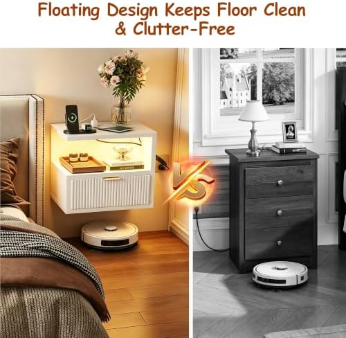 Homeiju Floating Nightstand with Charging Station, LED Lights and Drawer