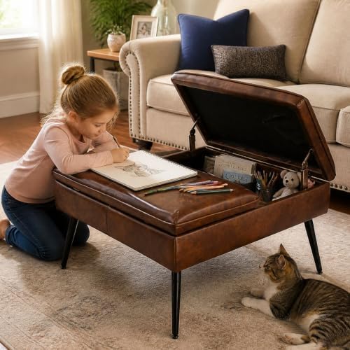 Square Ottoman with Storage Coffee Table Large Upholstered Brown