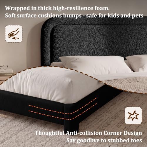 Vipbear Boucle King Size Bed Frame with Adjustable Headboard, Upholstered Cloud Platform Bed Frame with Wood Slats, Noise-Free King Bed, No Box Spring Required, Easy Assembly, Black