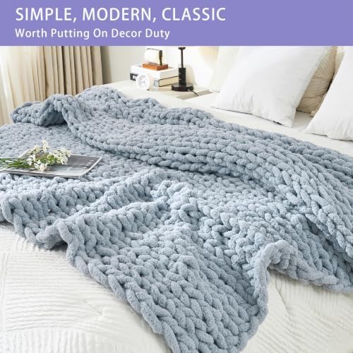 Bigacogo Chunky Knit Throw Blanket for Couch, 51x63 inches, Fog Blue