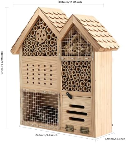 Large Wooden Insect Hotel for Outdoors - Waterproof Bee House & Butterfly Habitat with Bamboo Tubes and Pine Cones-Garden Insect for Mason Bees, Ladybugs, and Beneficial Bugs-House Shape