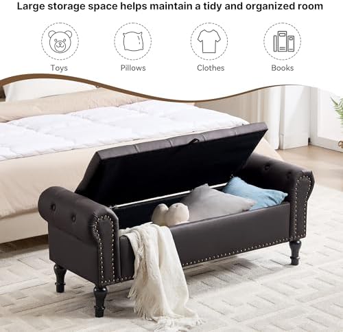 51" Storage Bench for Bedroom, Faux Leather End of Bed Bench, Queen Size Bench with Rolled Arms, Tufted Storage Ottoman Benches, Upholstered Bench for Bedroom, Living Room, Entryway, Dark Brown