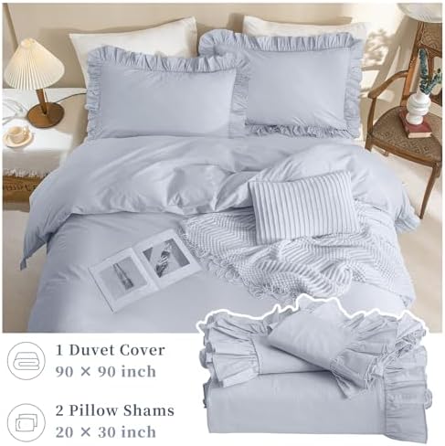 Ruffle Duvet Cover Queen Size Washed Cotton,3pc Linen Feel Farmhouse Shabby Vintage Ruffled Bedding Set French Country Rustic Cornflower Blue Comforter Cover Aesthetic Soft Quilt Cover Set