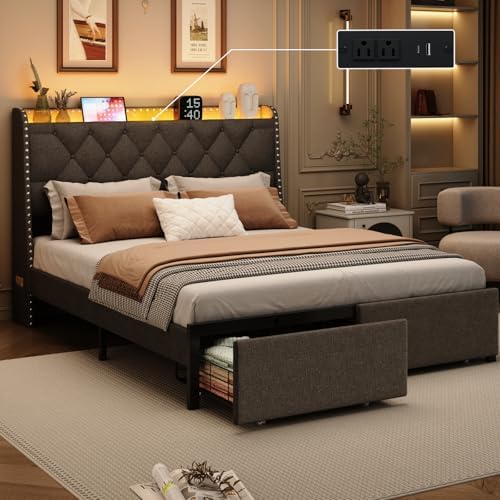 Full Size Bed Frames with Storage Headboard and 2 Drawers, Upholstered Button Linen Platform Bed Frame Full with Led Lights and Charging Station, No Box Spring Needed, Easy Assembly, Noise Free, Gray