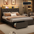 Queen Size Bed Frame with Storage Headboard and 2 Drawers, Upholstered Button Linen Platform Bed frame with Led Lights and Charging Station, No Box Spring Needed, Easy Assembly, Noise Free, Gray