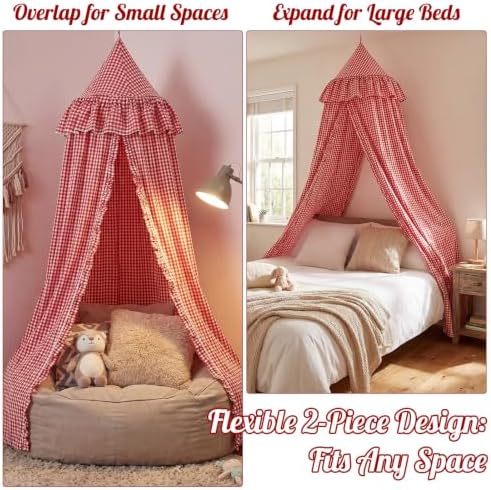 SmoothNovelty Gingham Plaid Bed Canopy, Red White, Round