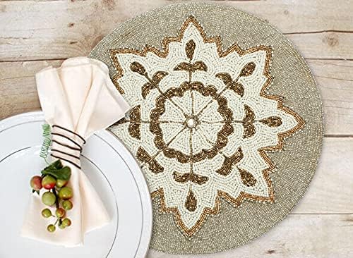 Lightnpro Handmade Snowflake Beaded Placemats Set of 2 – 13 Inch Round White Silver, Handcrafted Artisan Table Accessories, Elegant Winter Holiday Table Décor for Christmas & New Year Celebrations