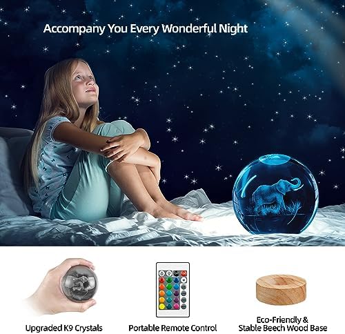 3D Elephant Crystal Ball Night Light With 16 Color Wooden Base, Upgraded 3.15 Inch Glass Ball Lamp With Remote for Birthday Holiday Xmas, Cool Toy Decor Gifts for Boys Girls Kids