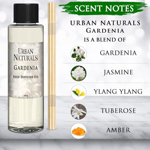Urban Naturals Gardenia Scented Oil Reed Diffuser Refill | Includes a Free Set of Reed Sticks! Jasmine, Ylang Ylang, Tuberose & Amber Notes, 4 oz (2 Pack)