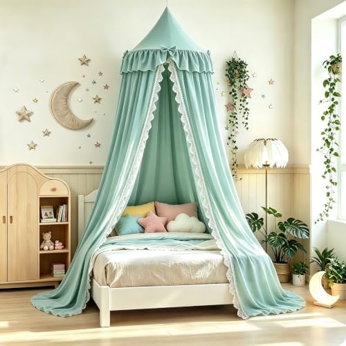 Kertnic Lace & Bow Decor Princess Canopy for Girls Bed, Soft Ruffled Playing Tent Canopy Room Decoration Castle, Reading Nook Canopies in Home (Green)