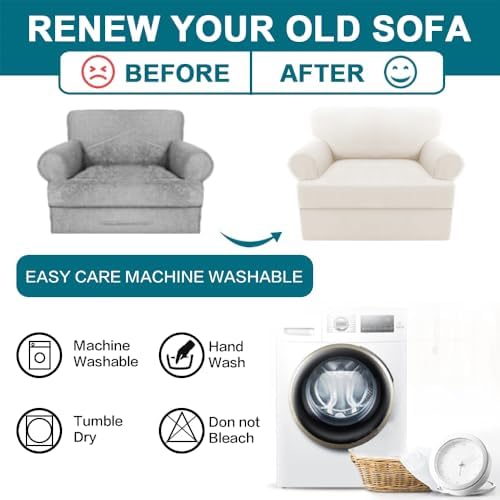 Turquoize T Cushion Chair Slipcover Armchair Slipcover for Living Room Stretch Sofa Cover Soft Armchair Cover Washable Furniture Covers with Individual T Cushion Seat Covers (Chair, Porcelain White)