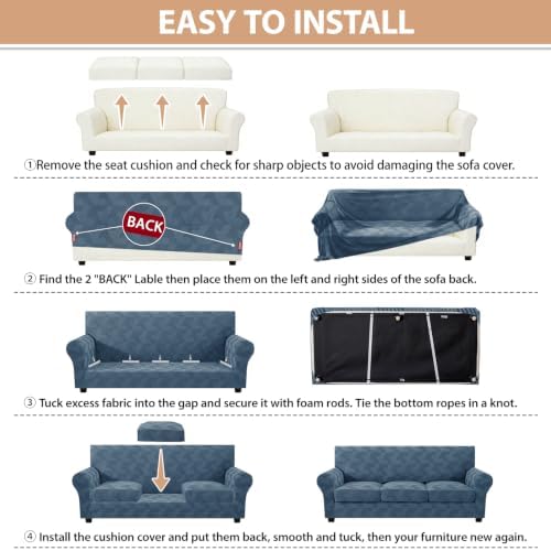ZNSAYOTX 3 Piece Stretch Couch Covers (72"-90") New-Rectangle Texture, Thick Sofa Covers for 2 Cushion Couch Universal Sofa Slip Cover with Elastic Bottom & Buckle, Washable Protector Dark Grey