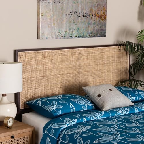 Bali & pari Aurelia Modern Bohemian Dark Brown Finished Bayur Wood and Natural Rattan Queen Size Headboard