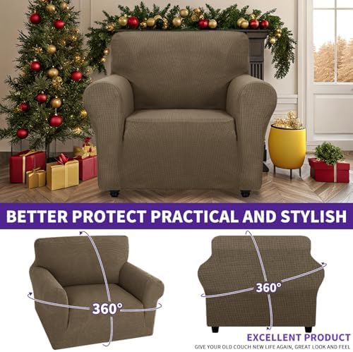 ZNSAYOTX Super Stretch Chair Slipcover Universal Sofa Chair Covers for Living Room Dogs Pet Furniture Protector Spandex Armchair Slipcovers with Anti Slip Foam Sticks (Brown, Chair)