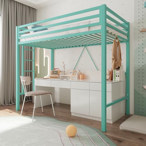 Allewie Metal Loft Bed Twin Size with Guardrail and Ladder,Green