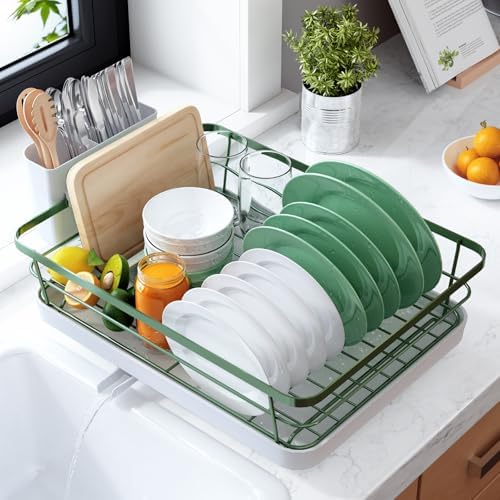 Kitsure Dish Drying Rack for Kitchen Counter, 12''W x 15.5''L, Green