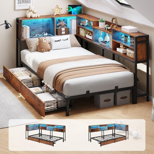 DICTAC Twin Corner Bed Frame with Bookcase Storage Headboard and Led Lights Twin Size Metal Platform Bed Frames with 2 Drawers and Charging Station,Twin Size Daybed with Storage for Kids Teen,Rustic