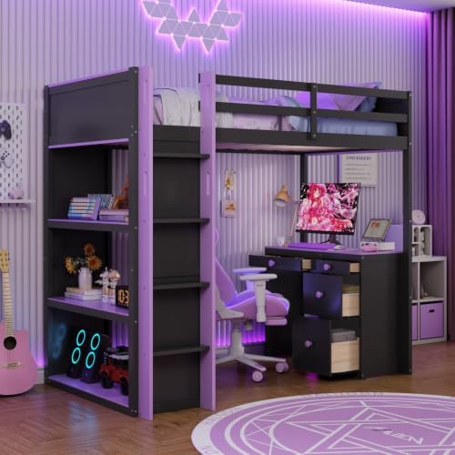 LUMISOL Twin Gaming Loft Bed with Desk and Storage Shelves, Solid Wood Loft Bed with Drawers and Computer Desk for Teens, Space Saving High Loft Bed Frame for Kids Bedroom Purple