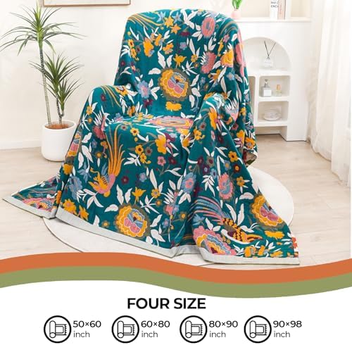 Flower and Bird Boho Throw Blanket for Bed Couch 80"×90"