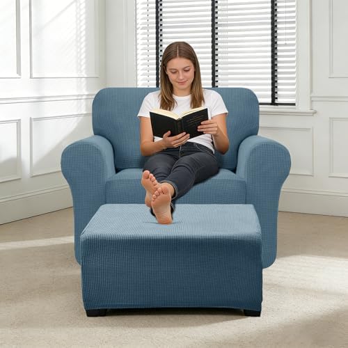 3 Piece Stretch Matching Chair and Ottoman Slipcover Set, Jacquard Arm Chair/Ottoman/Fitted Seat Covers, Non-Slip Accent Armchair and Foot Stool Slip Cover (Dust Blue,3 Pieces Set)