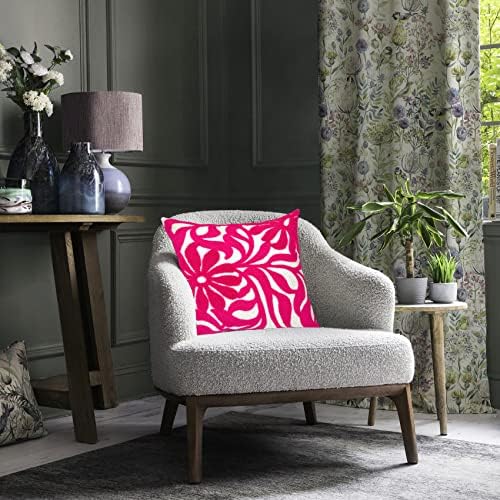 Alysheer Farmhouse Floral Leaves Embroidered Decorative Throw Pillow Cover 18x18 inches, Boho Tufted Flowers Embroidery Pattern Chic Cotton Cushion Case for Couch Bed Sofa Living Room(Bright Hot Pink)