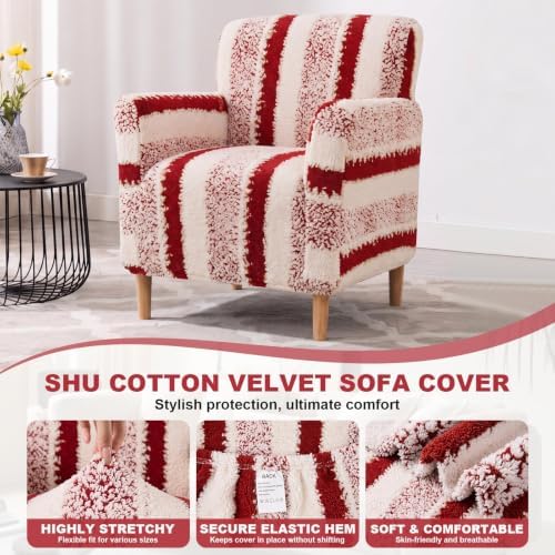 Striped Sherpa Armchair Slipcover, Stretch Plush Pet Friendly Accent Chair Cover with Elastic Bottom, Machine Washable Furniture Protector for Small Banquet Armchair
