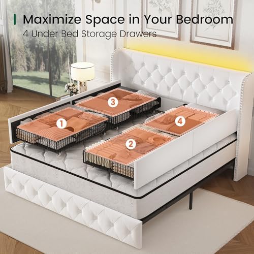 LARMACE King Size Bed Frame with LED Lights and 4 Storage Drawers Velvet Upholstered Platform Bed Frame with 47.2" Tall Tufted Headboard Wingback, No Box Spring Needed, Easy to Assemble, White