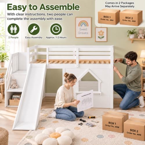 Twin Loft Bed with Slide for Kids, LED Lights & Storage, White