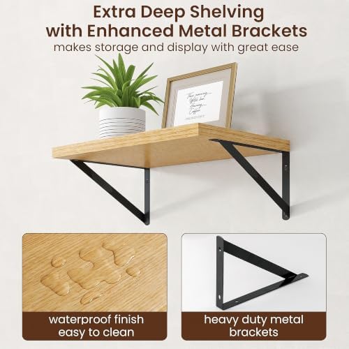 Axeman Deep Floating Shelves, 18'' x 12'' Oak Wall Shelves Set of 2