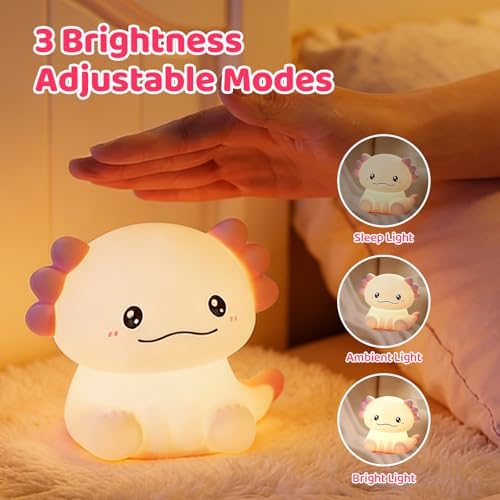 Axolotl LED Night Light, Silicone Touch Lamp for Bedroom with 7 Colors Timer and Dimmable 3-Level Squishy Warm Cute Night Lights, Rechargeable Animal Lamp for Bedroom Decor Birthday Gift