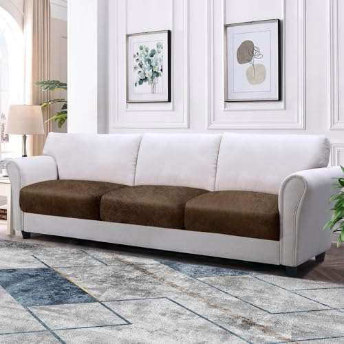 Couch Cushion Covers Leather-Look 3PC Stretch Sofa Seat Slipcover Sets for Living Room Individual Sofa Cushion Cover Couch Seat Protectors, Pet-Friendly, Non-Slip, Easy Fit - Brown