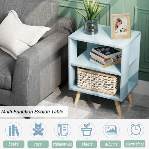 Aenuert Night Stand, Blue Kids Nightstand, Modern End Table with Open Storage, 2-Tier Nursery Bedside Table for Small Space, Living Room, Bedroom