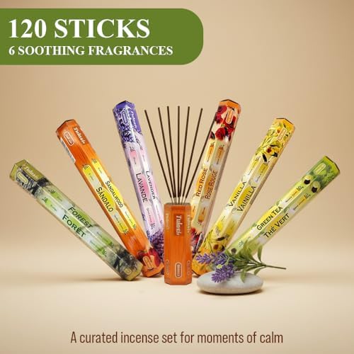 Tulasi Incense Sticks with Natural Oils Set of 6 Fragrances (120 Sticks) Hand Rolled Incense Sticks, Calming Home Aromatherapy, Meditation, Relaxing, Mixed Scents with Natural Oil