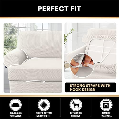 PrinceDeco T Cushion Loveseat Slipcover 3 Pieces Sofa Covers for T Cushion Sofa Stretch Slip Covers for 2 Cushion Couch with 2 Individual T Shape Seat Covers Width Up to 76"- Washable, Ivory