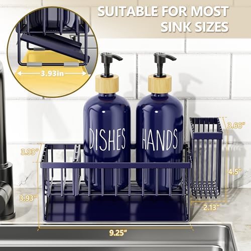 Cisily Kitchen Dish Soap Dispenser Set with 2 Pack 16.9oz Amber Glass Bottle and Sponge Holder, Dish Soap Dispensers with Adjustable Sponge Holder, Vintage Hand and Dish Soap Dispensers Set